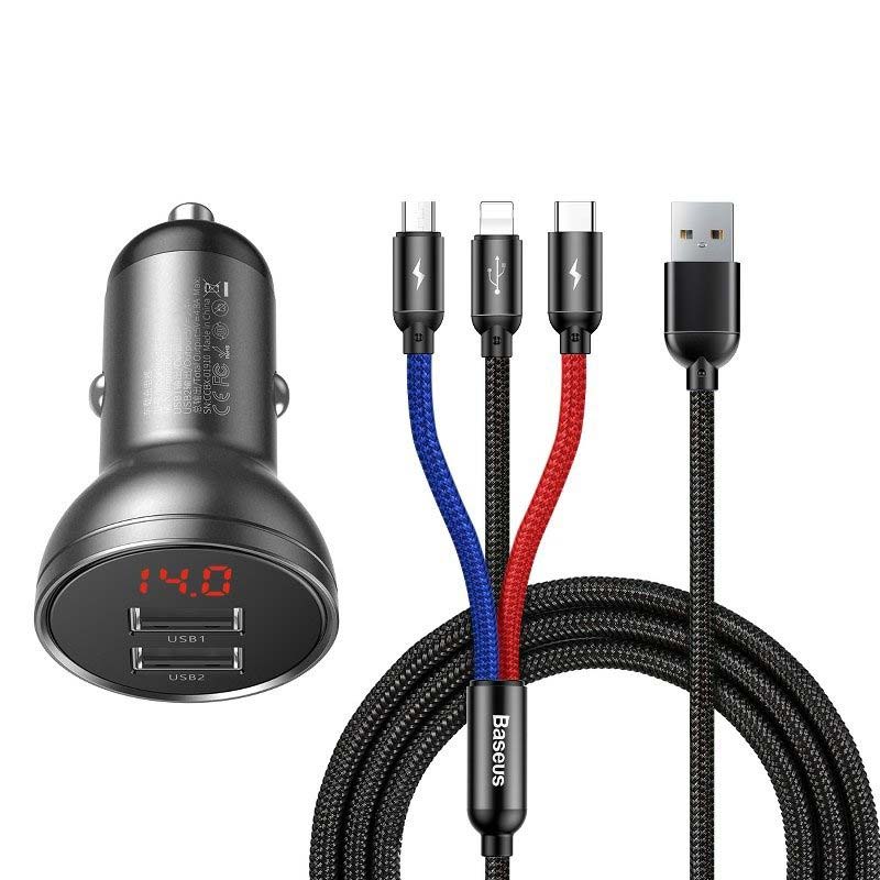 Kraftfull Billaddare 2x USB 4.8A, 24W + 3-in-1 USB-Kabel 1.2m