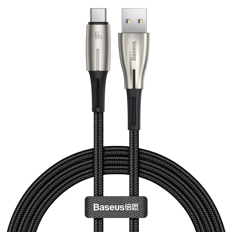 Snabbladdning - USB till Typ-C Kabel med LED, 66W, 6A, 1m - Svart
