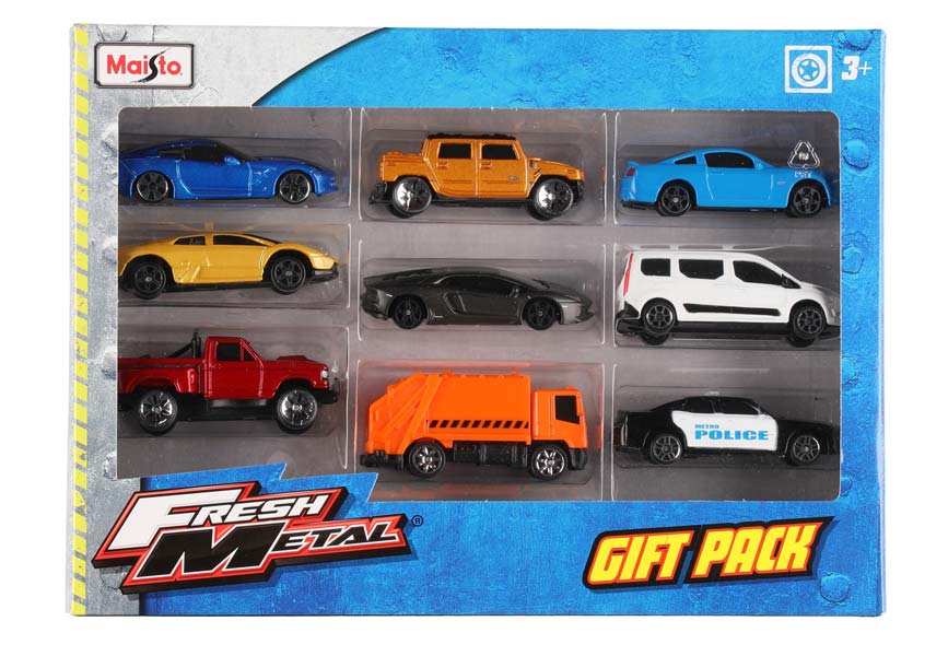 Set med 9 bilar - 7,6 cm - Orange sopbil