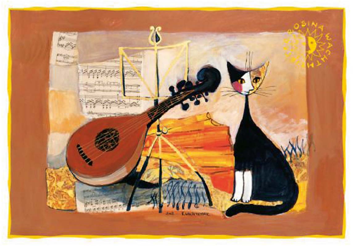 Enkelt vykort - Katt och mandolin