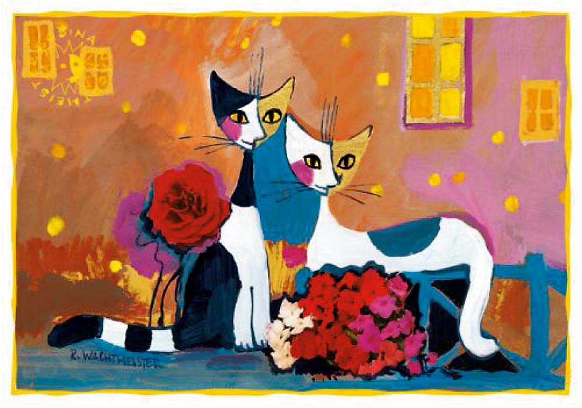 Enkelt vykort - Två katter och blommor