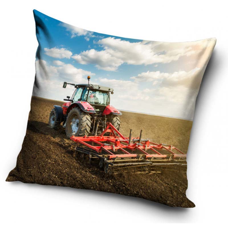 Röd traktor som harvar - Kuddfodral 40x40cm