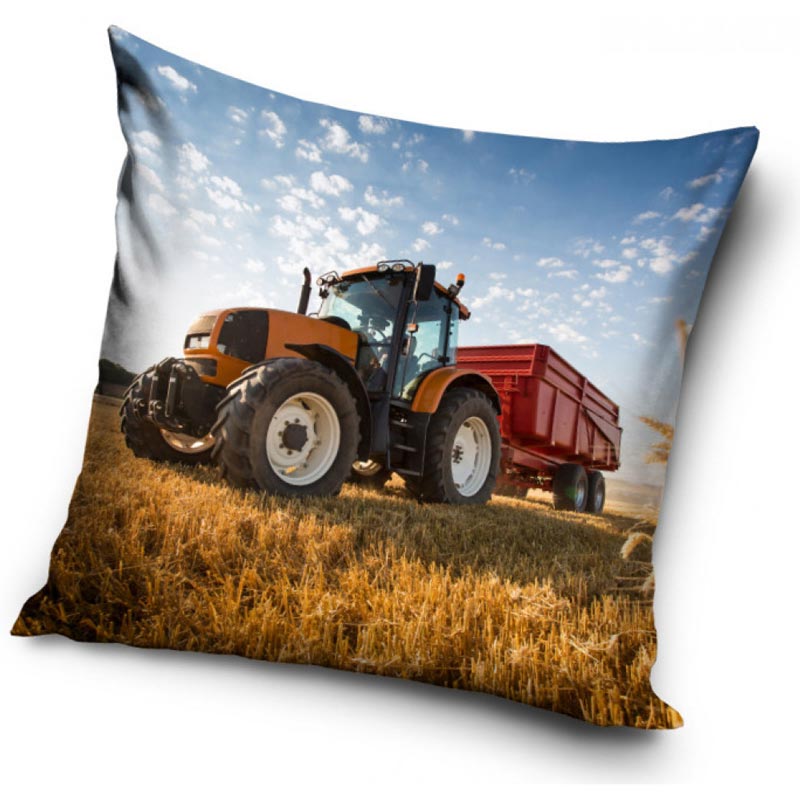 Orange traktor med släp - Kuddfodral 40x40cm