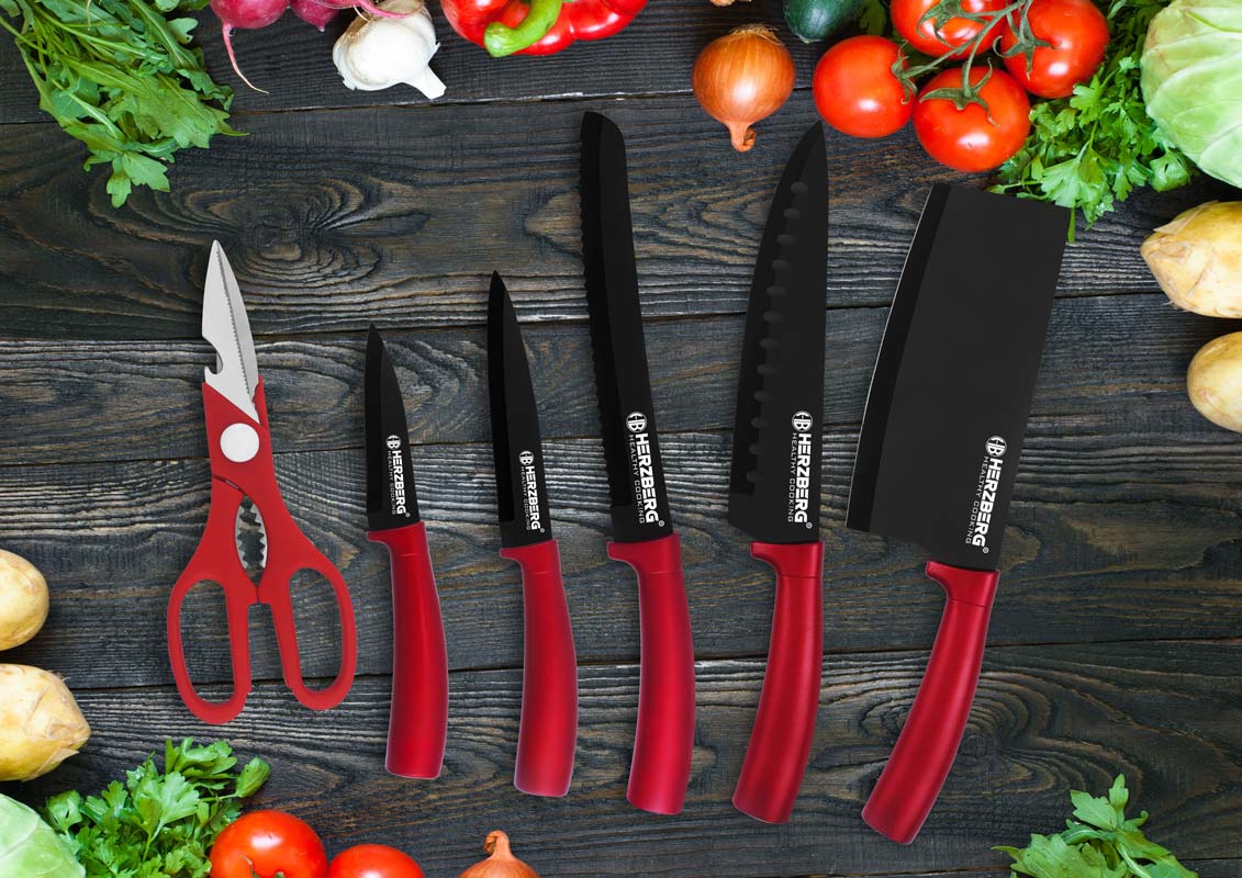 Knivset med knivställ 8 delar - Röd - Bild 3